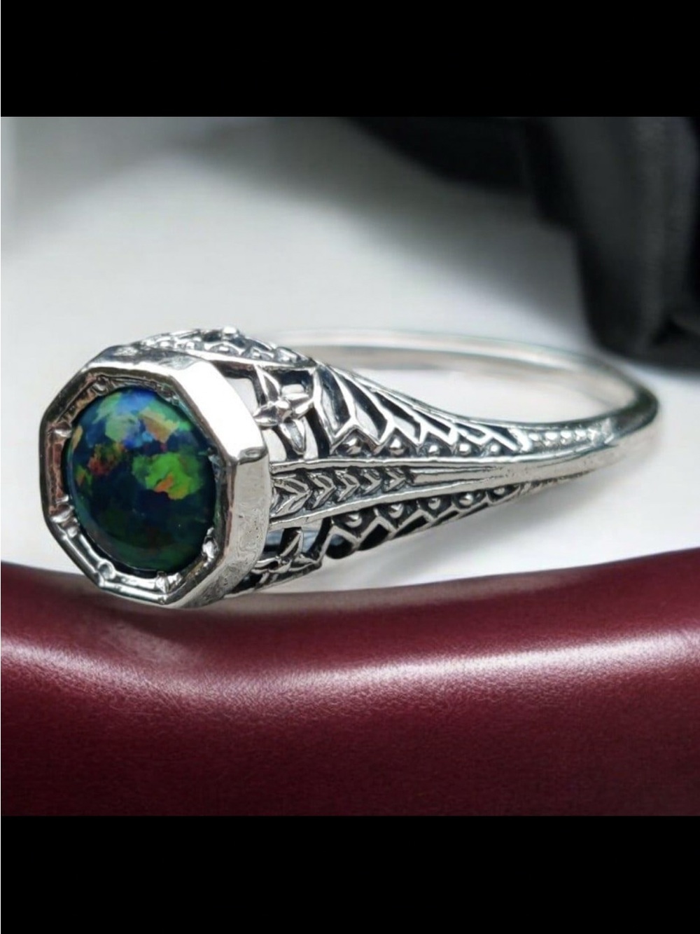 Sterling Silver art Deco style black opal ring